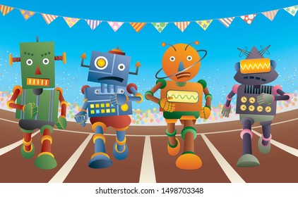 Four robots run at the running track