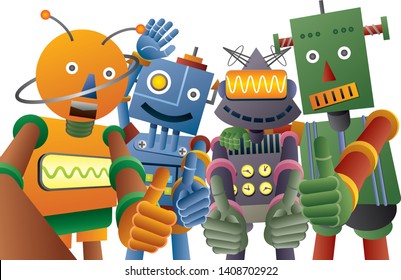 Four robots taking a selfie and laughing