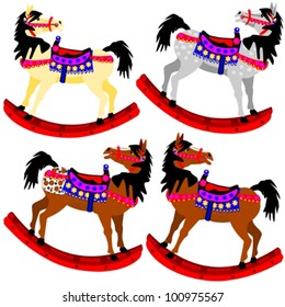Four rocking ponies.  Illustration of four rocking ponies that are different colors. A buckskin, a dapple grey, an appaloosa, and a bay. A toy ride that is fun for children.