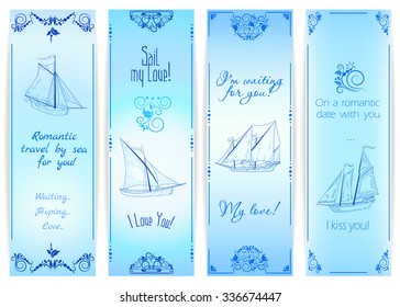 Four romantic vintage cards with ornaments and sketches of sailing boats.