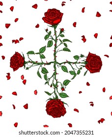 Four roses. Hand drawn vector seamless illustration of red roses with stems, leaves, falling petals,thorns and buds in the shape of a cross on black  background. Seamless pattern.