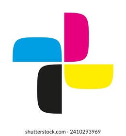Cuatro iconos giratorios de medias ardillas CMYK. Un grupo de coloridos símbolos cuadrados curvados a la mitad. Aislado sobre un fondo blanco.