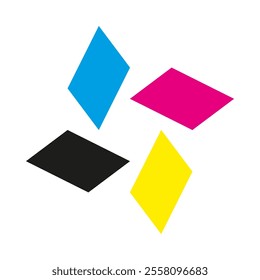 Four rotating parallelogram shapes, CMYK icon. A quartet of quadrilateral symbols. Isolated on a white background.