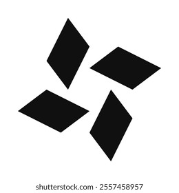 Four rotating parallelogram shapes, silhouette icon. A quartet of black quadrilateral symbols. Isolated on a white background.