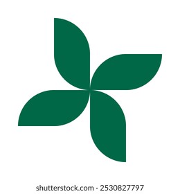 Four rotating rectangle leaves, green icon. A radial arrangement of rectangular shapes. Isolated on a white background.