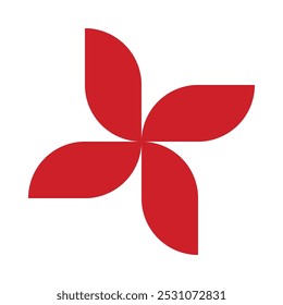 Four rotating rectangle leaves, red icon. A radial arrangement of rectangular shapes. Isolated on a white background.