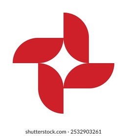 Four rotating red rectangle leaves, star. Rectangular shapes with two rounded corners. Isolated on a white background.