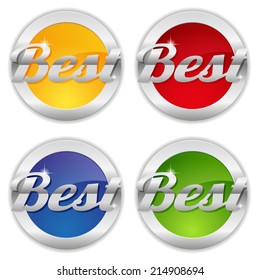 Four round best buttons with different color on white background