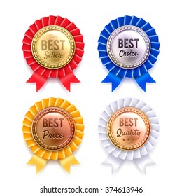 Four round best quality premium badges collection from gold silver bronze and copper realistic isolated vector illustration 