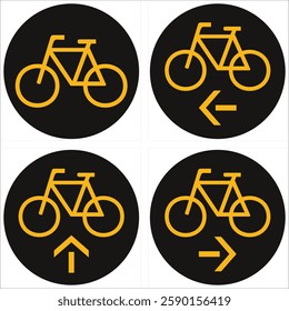 Four round black and yellow bicycle signs indicating permitted directions for cyclists.