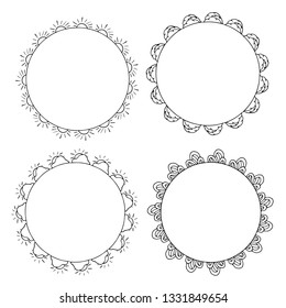 Four round black-and-white frames with suns, clouds and decorative elements. Isolated wreaths on white background for your design
