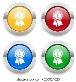 Four round buttons with badge icon and metallic border