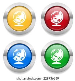 Four round buttons with globe icon and metallic border