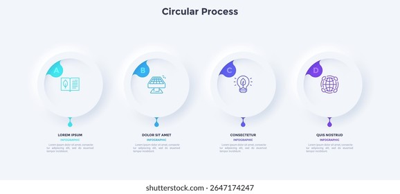 Four round buttons placed in horizontal row. Concept of 4 successive stages of business project development process. Neumorphic infographic design template. Modern vector illustration for banner.