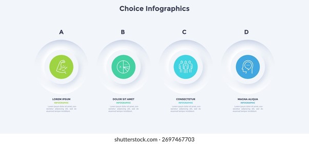 Quatro botões redondos colocados na linha horizontal. Conceito de 4 fases sucessivas do processo de desenvolvimento de projetos empresariais. Modelo de projeto infográfico neumórfico. Ilustração vetorial moderna para banner.