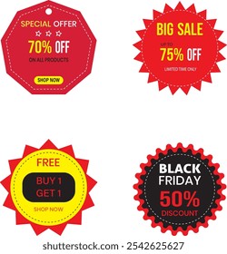 Four round category sales sticker, tags, labels. Special offer, big sale, black Friday, discount, free on badges. Four types of price tags.