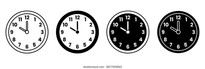 Four round classroom wall clocks showing varied times representing school schedule and punctuality