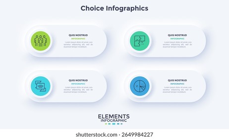 Four round elements or buttons. Concept of menu with 4 services or business projects of company to choose. Neumorphic infographic design template. Modern simple vector illustration for presentation.