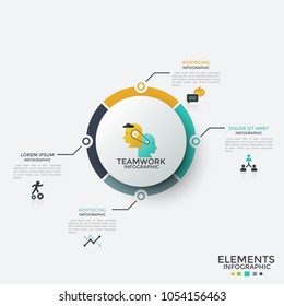 Four round elements connected to flat symbols by lines arranged into circular chart. Concept of 4 teamwork characteristics. Infographic design template. Vector illustration for brochure, report.