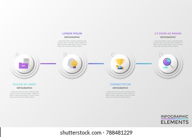 Four round elements with letters and colorful flat symbols inside arranged into horizontal row and connected by line. Concept of 4 business options. Infographic design template. Vector illustration.