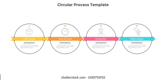 Four round elements placed in horizontal row and connected by arrows. Concept of 4 stages of business development. Simple infographic design template. Vector illustration for progress bar, banner.