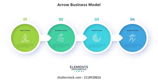 Four round elements placed in horizontal row and connected by arrows. Concept of 4 successive stages of business career development. Modern flat vector illustration for data analysis, presentation.