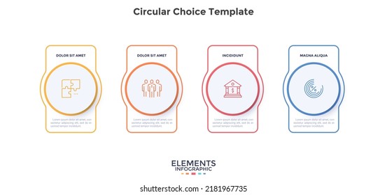 Four round elements placed in horizontal row. Concept of 4 options of startup project to select. Simple infographic design template. Modern flat vector illustration for business data visualization.