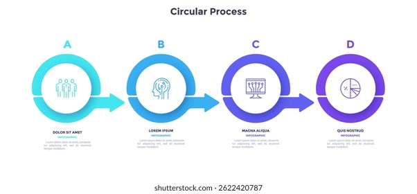 Quatro elementos redondos colocados na linha horizontal e conectados por setas. Conceito de 4 fases sucessivas de desenvolvimento da carreira empresarial. Ilustração vetorial plana moderna para análise de dados, apresentação.