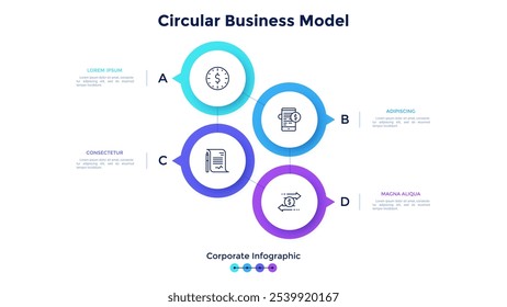 Four round elements with pointers. Concept of 4 features of startup project to select. Corporate infographic design template. Simple flat vector illustration for business analytics visualization.