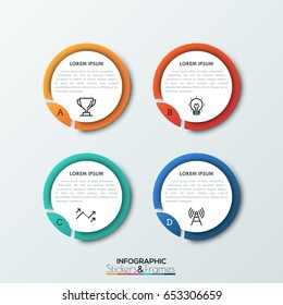 Four round elements with separated pieces, letters, thin line symbols and text boxes inside, 4 features of particular process concept. Realistic infographic design layout. Vector illustration.