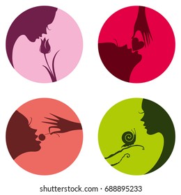 Four round female icons. Beauty is youth and nature. Vector flat design.