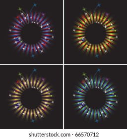 Four round frame with fireworks, stripes and confetti
