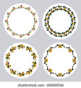 Four round frames with black cats in witch hats.Halloween background. Copy space. Vector clip art.
