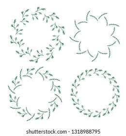 Four round frames made of fir and pine branches and christmas tree branches. Wreaths on white background for your design