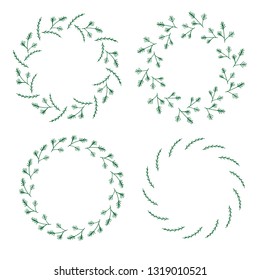 Four round frames made of fir and pine branches . Wreaths on white background for your design