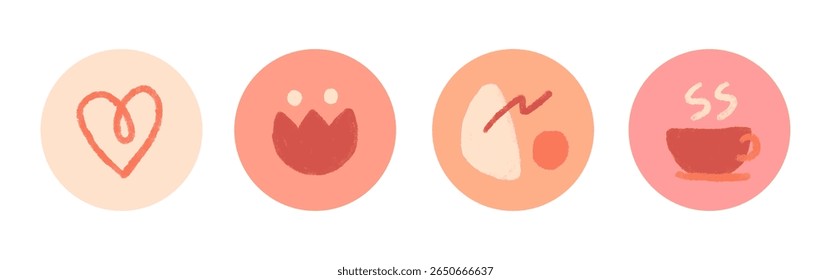 Four round icons with simple designs: heart, smiley face, abstract shape, and steaming cup. Each icon is in a warm color palette, featuring red and pink tones. Cute illustrations, vector set.