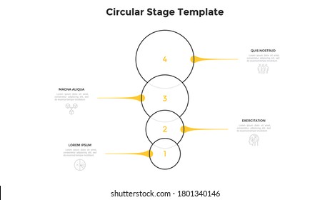 Four round intersected elements placed in vertical row. Concept of 4 stages of business project strategy. Flat infographic design template. Minimal vector illustration for information visualization.