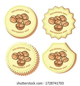 Four Round Labels for Macadamia Nuts Isolated on White Background. Different types of Labels or Stickers for Food Market with Colored Image of Macadamia Nuts. Vector EPS 10 Vector Illustration.