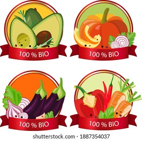 Four round labels with a red ribbon and the inscription "100% BIO" with the image of different vegetables: pumpkin, avocado, carrot, onion, pepper, chili, eggplant, herbs and spices. Stickers, tags.