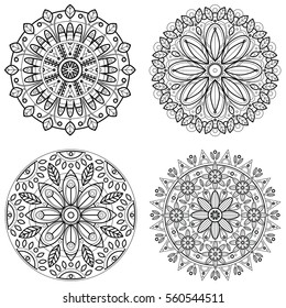 Four round ornaments - spring flower. Mandala set for coloring book. Abstract vector lace designs.