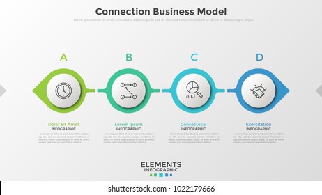 Cuatro elementos blancos de papel redondo con símbolos lineales dentro conectados en línea horizontal. Concepto del modelo de negocio de conexión con 4 pasos. Plantilla de diseño gráfico creativo. Ilustración vectorial.