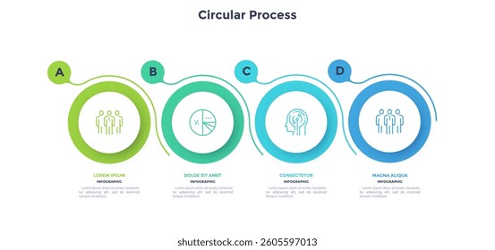 Four round paper white elements with linear symbols inside, translucent lines curving around it and text boxes. Concept of 4 steps to business growth. Infographic design template. Vector illustration.