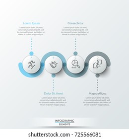 Four round paper white elements with linear symbols inside, translucent line curving around it and text boxes. Concept of 4 steps to business growth.