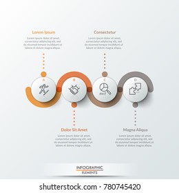 Four round paper white elements with linear symbols inside, translucent line curving around it and text boxes. Concept of 4 steps to business growth. Infographic design template. Vector illustration.