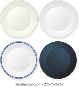 Four round plates in varied colors, top-down view, clean vector style, isolated background
