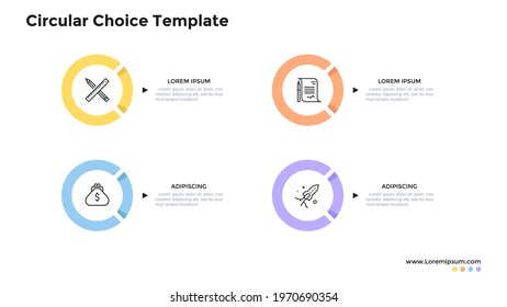Four round ring-like elements. Concept of list with 4 features of business development strategy. Flat infographic design template. Modern vector illustration for project analysis, presentation.