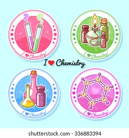 Four round stickers "I love chemistry". Vector clip-art illustration.