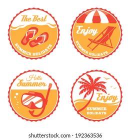 Four round summer labels with deck chair, flip flops, scuba mask and palm tree in vector 