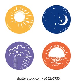 Four round vector weather icons and time of day.