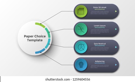 Four rounded elements connected to main paper white circle by lines. Modern infographic design template. Realistic vector illustration for visualization of 4 features or options of business project.